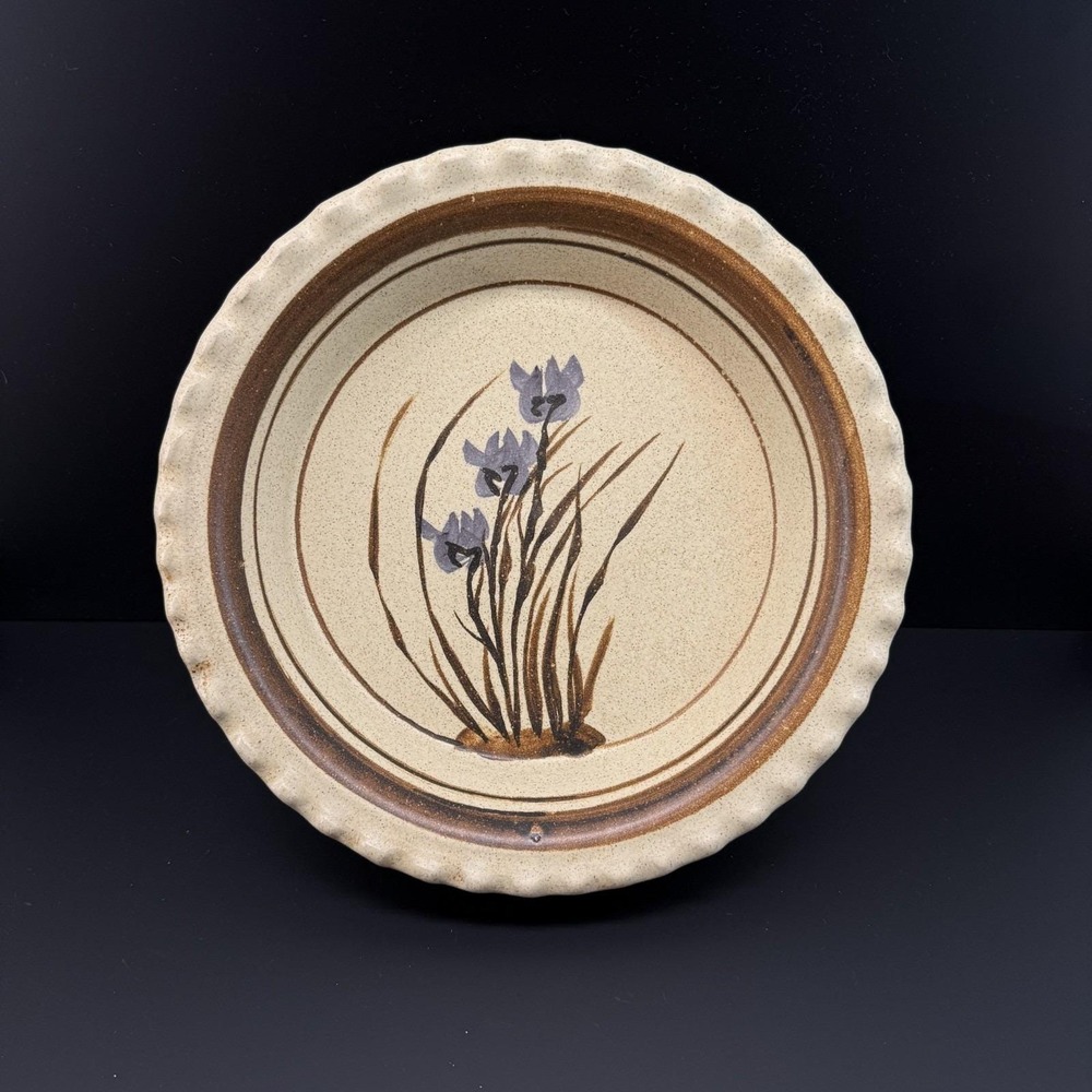 Vintage Studio Pottery Stoneware 9" Pie Plate Deep Dish Iris Fluted Signed